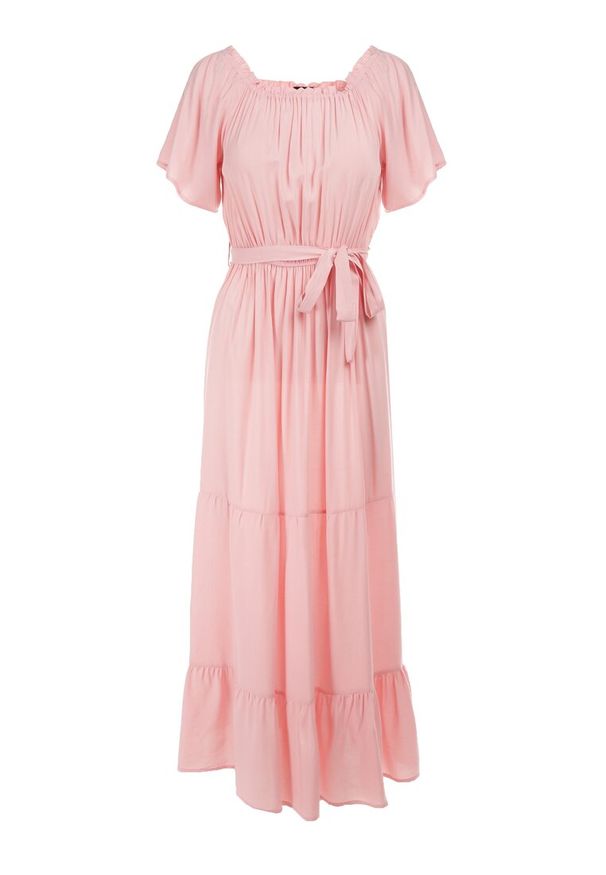 Born2be - Jasnoróżowa Sukienka z Wiskozy Telephanassa. Typ kołnierza: dekolt hiszpanka. Kolor: różowy. Materiał: wiskoza. Długość rękawa: krótki rękaw. Wzór: gładki. Typ sukienki: rozkloszowane. Długość: maxi