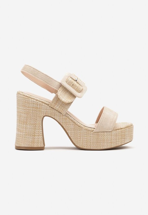 Born2be - Beżowe Sandały na Słupku z Klamerką i Tweedowym Wzorem Marilse. Okazja: na imprezę, na co dzień. Kolor: beżowy. Materiał: jeans. Obcas: na słupku. Styl: elegancki, casual