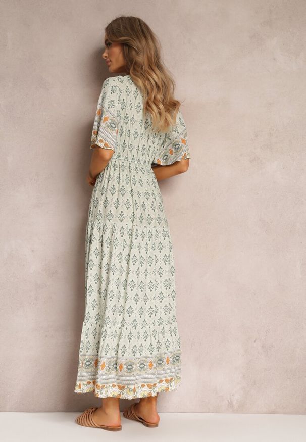 Renee - Miętowa Sukienka Maxi z Krótkim Rękawem i Gumką w Talii Emaya. Kolor: miętowy. Materiał: wiskoza, tkanina. Długość rękawa: krótki rękaw. Styl: boho. Długość: maxi