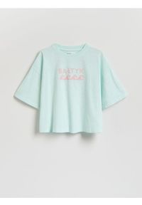 Reserved - Luźny t-shirt z nadrukiem - jasnoturkusowy. Kolor: turkusowy. Materiał: bawełna. Wzór: nadruk