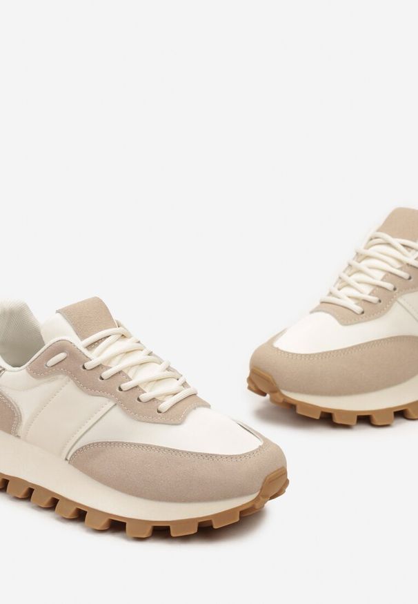 Born2be - Beżowe Sneakersy na Grubej Podeszwie ze Żłobieniami i Przeszyciami Frilane. Kolor: beżowy