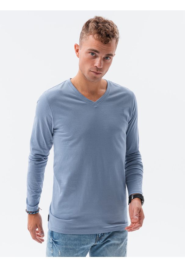 Ombre Clothing - Longsleeve męski bez nadruku - jasnoniebieski V9 - Rozmiar: M. Typ kołnierza: dekolt w kształcie V. Kolor: niebieski. Materiał: materiał, bawełna. Długość rękawa: długi rękaw. Styl: klasyczny