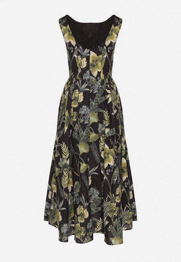 Born2be - Czarna Bawełniana Sukienka Rozkloszowana we Florystyczny Print Liliova. Okazja: na spacer, na imprezę. Typ kołnierza: dekolt w łódkę. Kolor: czarny. Materiał: bawełna. Długość rękawa: na ramiączkach. Wzór: nadruk. Styl: klasyczny