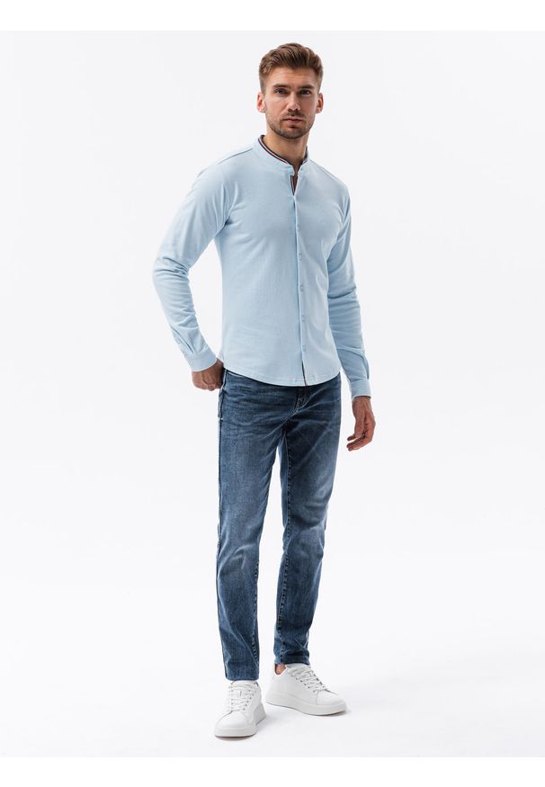 Niebieska koszula Ombre Clothing ze stójką, z długim rękawem, długa