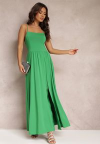 Renee - Zielona Rozkloszowana Sukienka Maxi na Cienkich Ramiączkach z Rozporkiem Weslyn. Kolor: zielony. Długość rękawa: na ramiączkach. Typ sukienki: rozkloszowane. Długość: maxi #1