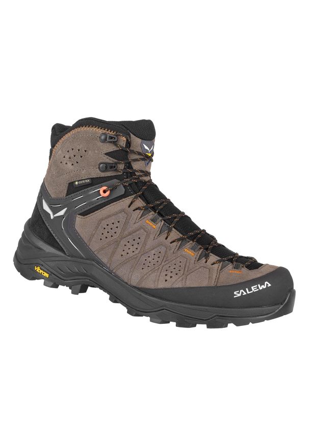 Buty Trekkingowe Męskie Salewa Alp Trainer 2 Mid Gtx. Wysokość cholewki: za kostkę. Zapięcie: sznurówki. Kolor: wielokolorowy, beżowy, czarny. Materiał: guma, zamsz, materiał, syntetyk. Szerokość cholewki: normalna