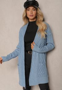 Renee - Niebieski Kardigan Nierozpinany o Długim Kroju Ozdobiony Tłoczeniem Vailithe. Okazja: na co dzień, na spacer. Kolor: niebieski. Materiał: jeans. Długość: długie. Wzór: aplikacja. Styl: casual, elegancki