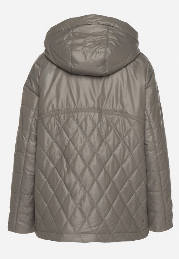 Born2be - Szara Kurtka Pikowana z Odpinanym Kapturem i Aplikacją Sarlia. Okazja: na co dzień. Kolor: zielony. Materiał: jeans. Wzór: aplikacja. Styl: klasyczny, sportowy, casual, elegancki