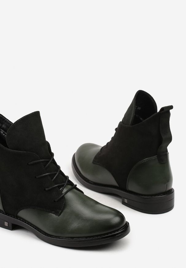 Born2be - Zielone Botki Potocki Typu Trzewiki z Geometrycznym Motywem Zerfa. Okazja: na co dzień. Kolor: zielony. Materiał: jeans. Wzór: geometria. Styl: casual, klasyczny