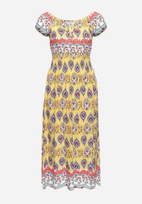 Born2be - Żółta Sukienka Bawełniana z Gumką w Talii i Mozaikowym Wzorem Vestra. Kolor: żółty. Materiał: bawełna. Sezon: lato #5