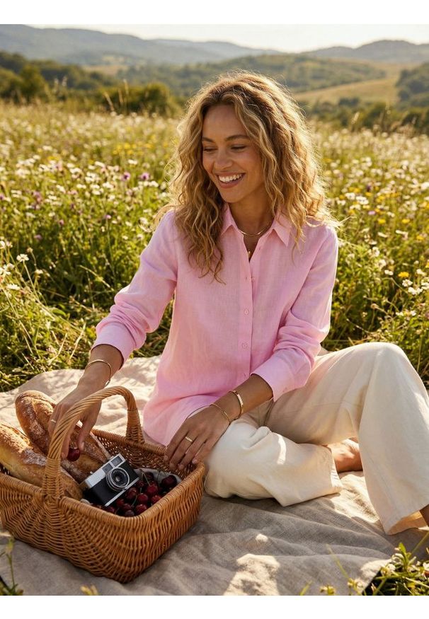 Sinsay - Koszula z domieszką lnu z wiązaniem na plecach - różowy. Kolor: różowy. Materiał: len