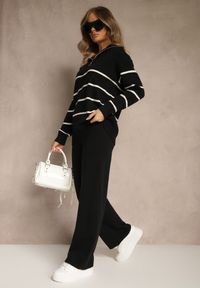 Renee - Czarny Komplet z Dzianiny z Wełną Spodnie i Pasiasty Sweter z Suwakiem Tiarrea. Kolor: czarny. Materiał: dzianina, wełna #4