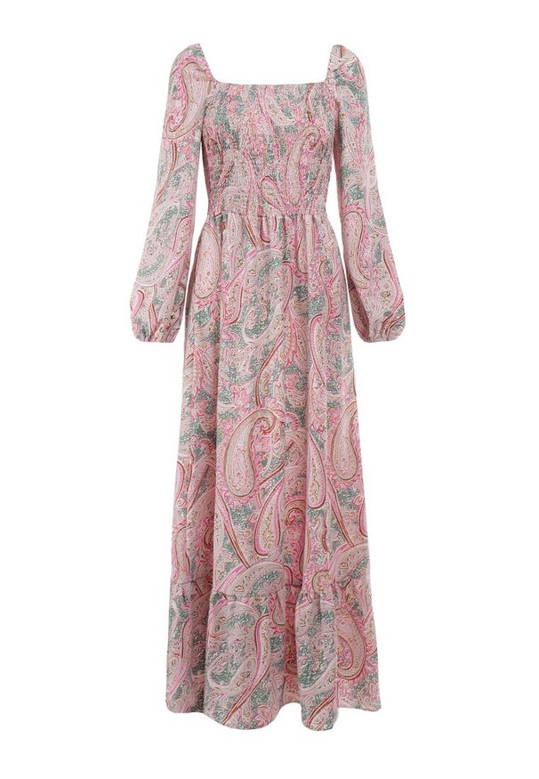 Born2be - Różowo-Zielona Sukienka Philusa. Okazja: na co dzień. Typ kołnierza: dekolt kwadratowy, kołnierz z falbankami. Kolor: różowy. Wzór: paisley. Typ sukienki: proste. Materiał: tkanina, zamsz. Długość rękawa: długi rękaw. Styl: casual. Długość: maxi