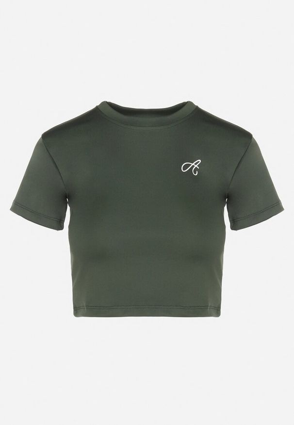 Born2be - Ciemnozielony T-shirt Crop Top Ozdobiony Literką Koliviela. Okazja: na co dzień. Kolor: zielony. Materiał: jeans. Długość: krótkie. Wzór: aplikacja. Styl: elegancki, casual