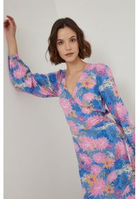 medicine - Medicine sukienka mini rozkloszowana. Kolor: niebieski. Materiał: tkanina. Długość rękawa: długi rękaw. Długość: mini