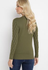 Born2be - Zielony Klasyczny Sweter z Tłoczonym Zdobieniem Nainea. Okazja: na co dzień. Kolor: zielony. Wzór: aplikacja. Styl: klasyczny