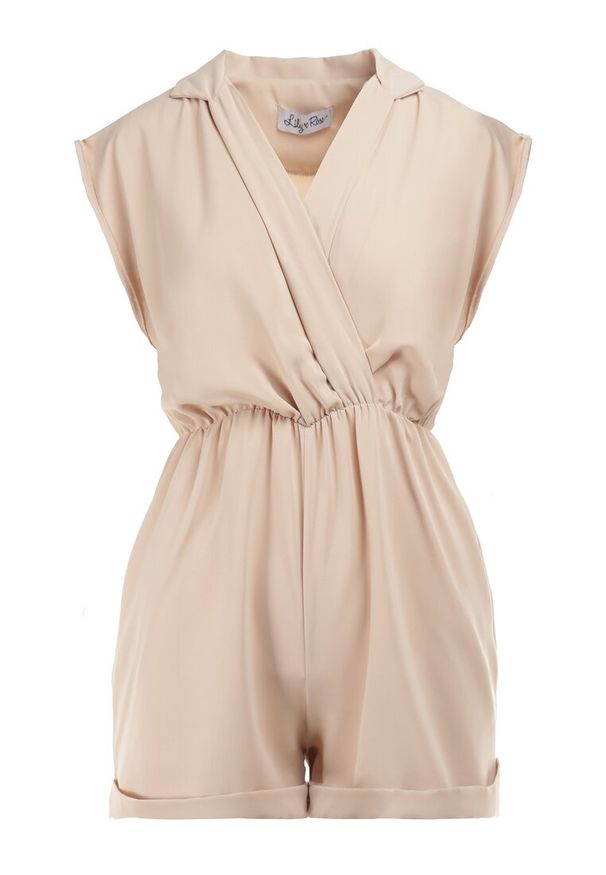 Born2be - Beżowy Kombinezon Harminca. Okazja: na spotkanie biznesowe. Kolor: beżowy. Materiał: tkanina. Długość: krótkie. Wzór: jednolity, gładki. Styl: biznesowy