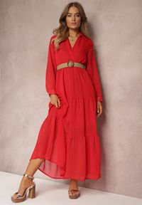 Renee - Czerwona Sukienka z Kopertowym Dekoltem i Plecionym Paskiem Velo. Kolor: czerwony. Materiał: tkanina. Typ sukienki: kopertowe #2