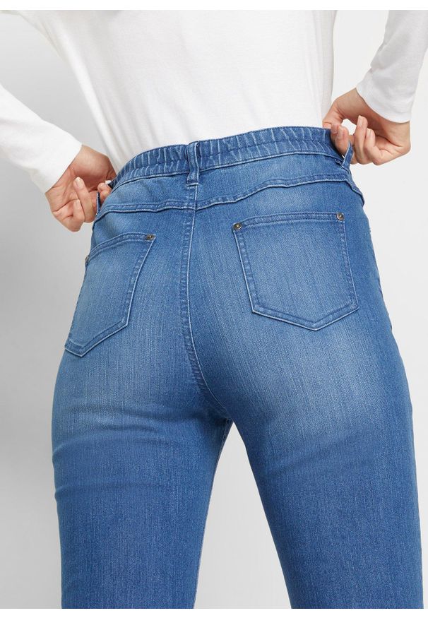 bonprix - Dżinsy Bootcut, High Waist, z wygodnym paskiem. Stan: podwyższony. Kolor: niebieski. Wzór: haft