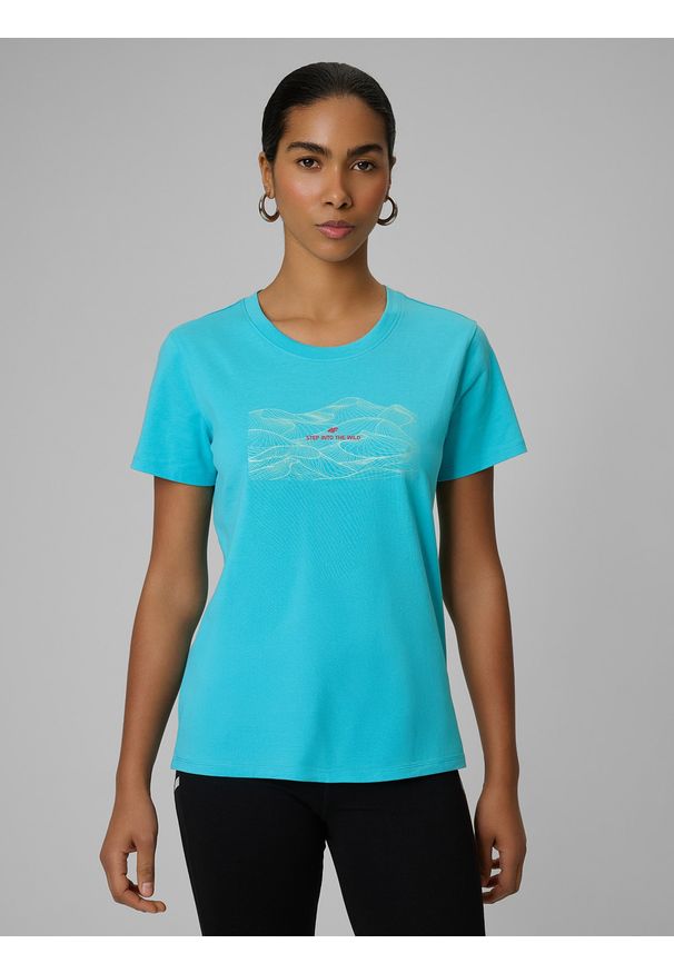 4f - 4F T-shirt regular z nadrukiem damski - turkusowy XL. Okazja: na co dzień. Kolor: turkusowy. Materiał: dzianina, bawełna. Wzór: nadruk. Styl: casual
