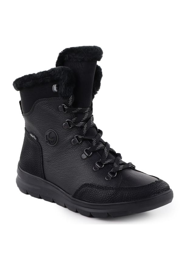 Skórzane wodoodporne botki damskie z futerkiem czarne Rieker Z0000-00. Kolor: czarny. Materiał: skóra