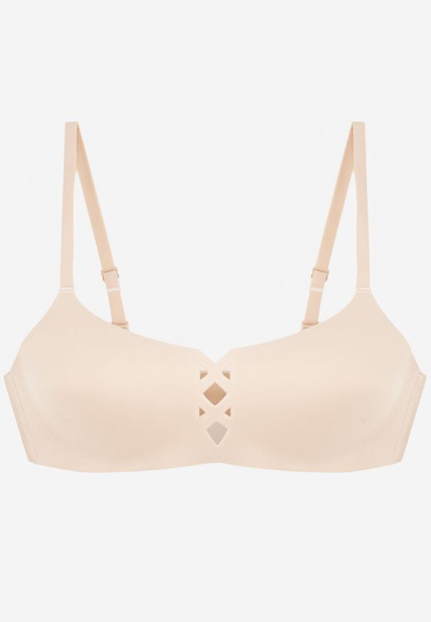 Born2be - Beżowy Gładki Biustonosz z Ozdobną Imitacją Sznurowania Azivene. Kolor: beżowy. Wzór: gładki