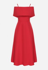 Born2be - Czerwona Sukienka o Rozkloszowanym Kroju na Ramiączkach z Wywijanym Dekoltem Jenathia. Okazja: na wesele, na studniówkę, na imprezę, na ślub cywilny. Kolor: czerwony. Długość rękawa: na ramiączkach #7