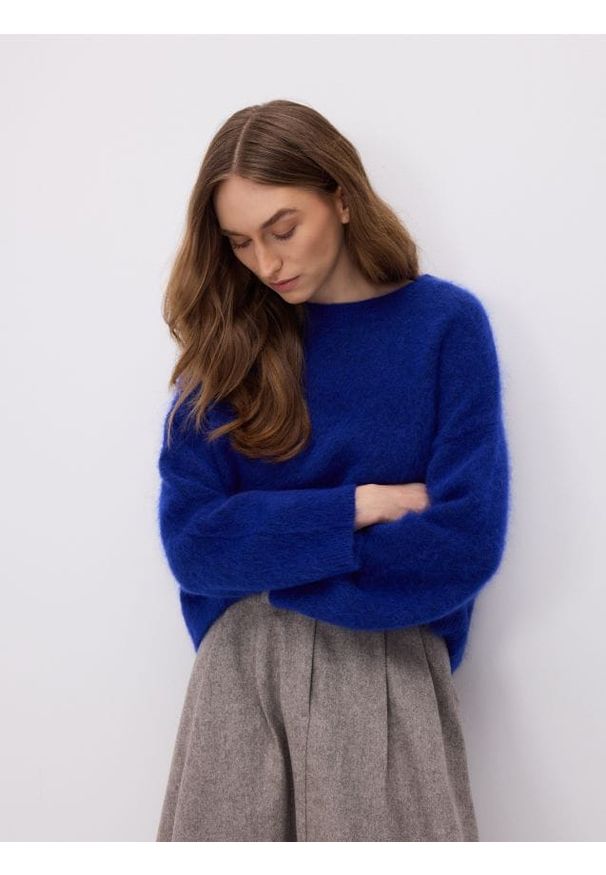 Reserved - Sweter z moherem i wełną - niebieski. Kolor: niebieski. Materiał: moher, wełna. Wzór: gładki