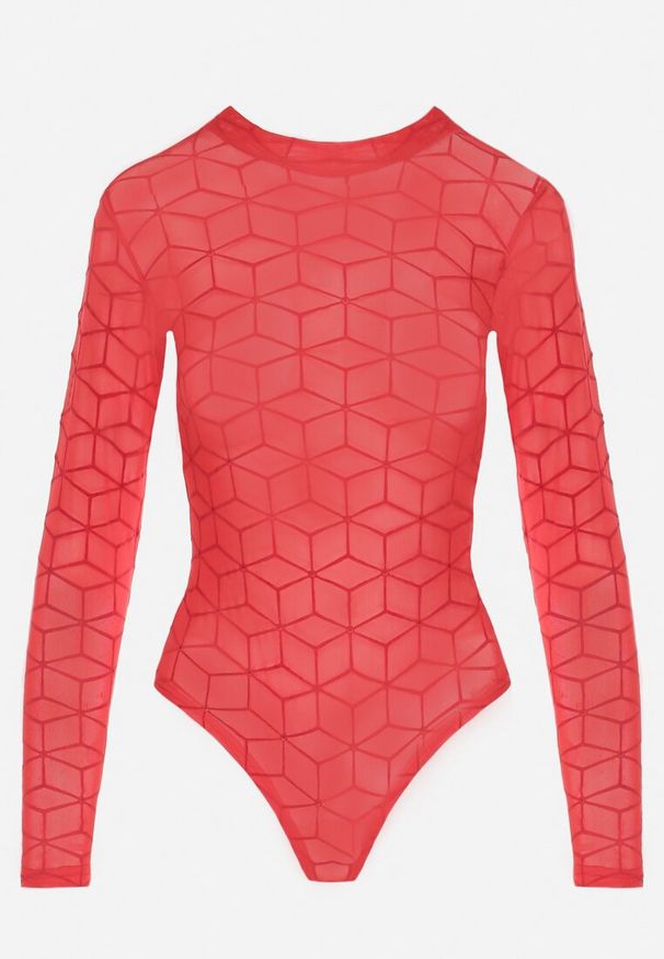Born2be - Czerwone Siateczkowe Body o Geometrycznym Wzorze Turefia. Okazja: na co dzień. Kolor: czerwony. Materiał: materiał. Wzór: geometria. Styl: elegancki, casual