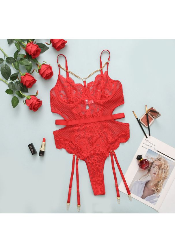 Intica - Body koronkowe z pasem do pończoch na romantyczne wieczory Crissy. Kolor: czerwony. Materiał: koronka. Wzór: koronka