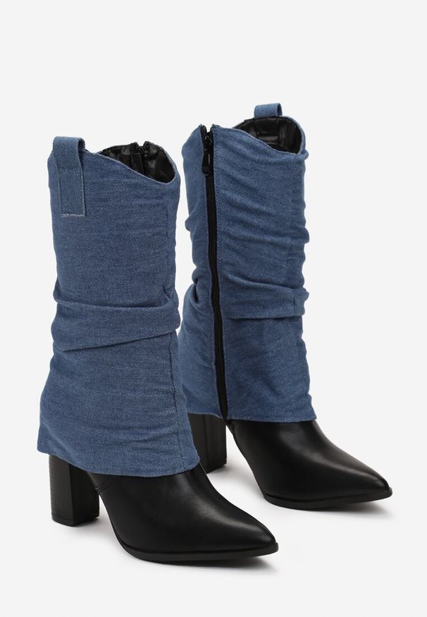 Born2be - Niebieskie Kozaki Kowbojki z Marszczoną Wywiniętą Cholewką Rusila. Okazja: na co dzień. Nosek buta: szpiczasty. Zapięcie: zamek. Kolor: niebieski. Szerokość cholewki: normalna. Materiał: materiał, dzianina, jeans. Sezon: zima. Obcas: na obcasie. Styl: klasyczny, casual. Wysokość obcasa: średni