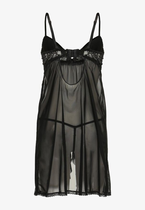 Renee - Czarna Prześwitująca Koszula Nocna z Koronką i Stringami Remielia. Kolor: czarny. Materiał: koronka. Wzór: koronka