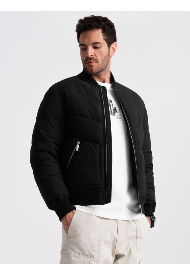 Ombre Clothing - Pikowana kurtka męska bomberka z metalowymi zamkami - czarna V1 OM-JALP-0143 - XXL. Kolor: czarny. Materiał: poliester. Wzór: nadruk