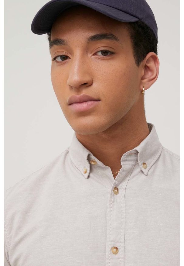 Jack & Jones koszula z domieszką lnu męska kolor beżowy slim z kołnierzykiem button-down. Typ kołnierza: button down. Kolor: beżowy. Materiał: len. Długość rękawa: długi rękaw. Długość: długie. Wzór: gładki