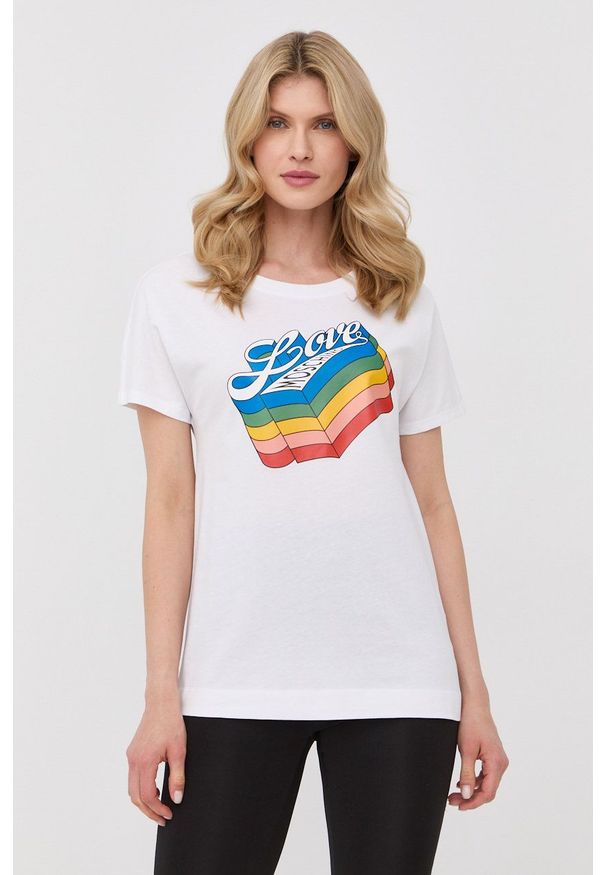 Love Moschino t-shirt bawełniany kolor biały. Kolor: biały. Materiał: bawełna. Wzór: nadruk
