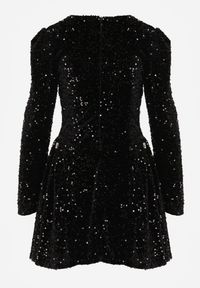 Born2be - Czarna Cekinowa Sukienka Koktajlowa z Geometrycznymi Ramionami Reffera. Okazja: na imprezę. Kolor: czarny. Długość rękawa: długi rękaw. Wzór: geometria. Typ sukienki: rozkloszowane. Styl: wizytowy #5