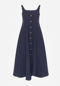 Renee - Granatowa Sukienka Rozkloszowana z Wiskozą i Bawełną Ozdobiona Guzikami Nikippe. Okazja: na spacer. Kolor: niebieski. Materiał: wiskoza, bawełna. Długość rękawa: na ramiączkach. Wzór: aplikacja. Sezon: lato #8