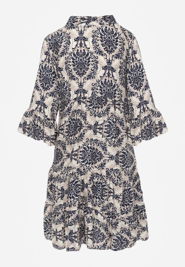 Renee - Granatowo-Beżowa Sukienka z Bawełny o Rozkloszowanym Kroju Wykończona Falbanką Niloa. Typ kołnierza: kołnierz z falbankami. Kolor: niebieski. Materiał: bawełna. Sezon: wiosna, lato. Typ sukienki: rozkloszowane. Styl: elegancki