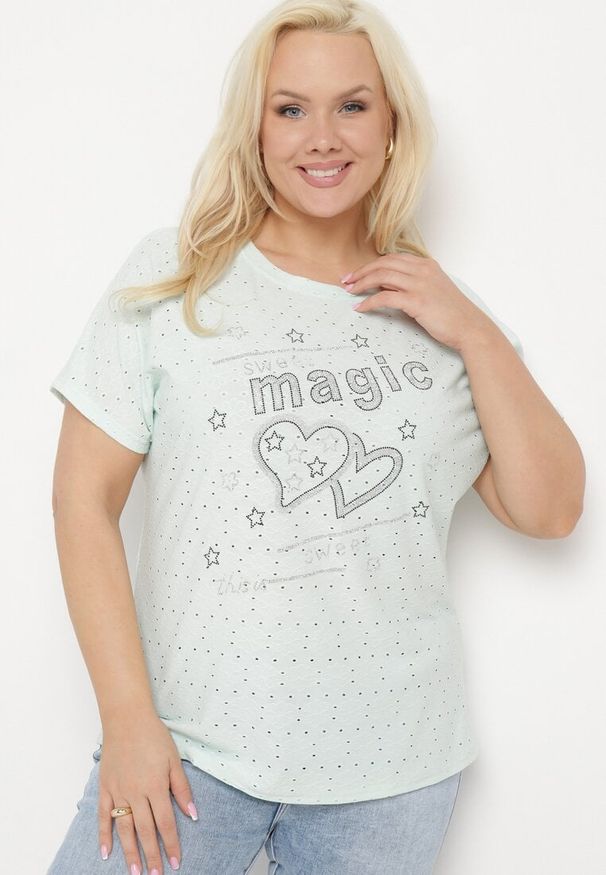 Born2be - Miętowy T-shirt Ażurowy z Ozdobnymi Cyrkoniami Cevola. Okazja: na co dzień. Kolor: miętowy. Wzór: ażurowy. Styl: casual