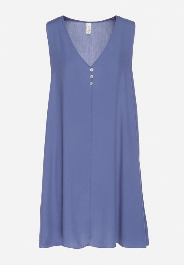 Born2be - Niebieska Rozkloszowana Sukienka z Bawełny z Ozdobnymi Guzikami Folusae. Okazja: na co dzień. Typ kołnierza: dekolt w serek. Kolor: niebieski. Materiał: bawełna. Sezon: wiosna, lato. Typ sukienki: proste. Styl: klasyczny, casual, elegancki