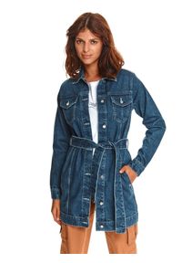 TOP SECRET - Jeansowa długa kurtka z wiązaniem. Kolor: niebieski. Materiał: jeans. Długość rękawa: długi rękaw. Długość: długie. Sezon: jesień #7