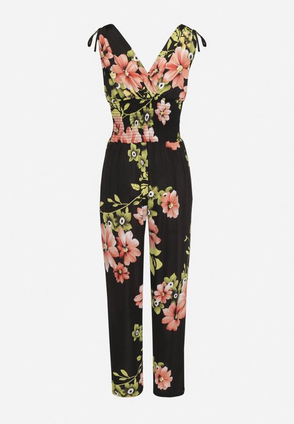 Born2be - Czarny Kombinezon w Kwiaty z Trójkątnym Dekoltem i Troczkami na Ramionach Benan. Okazja: na co dzień. Kolor: czarny. Wzór: kwiaty. Styl: casual, elegancki