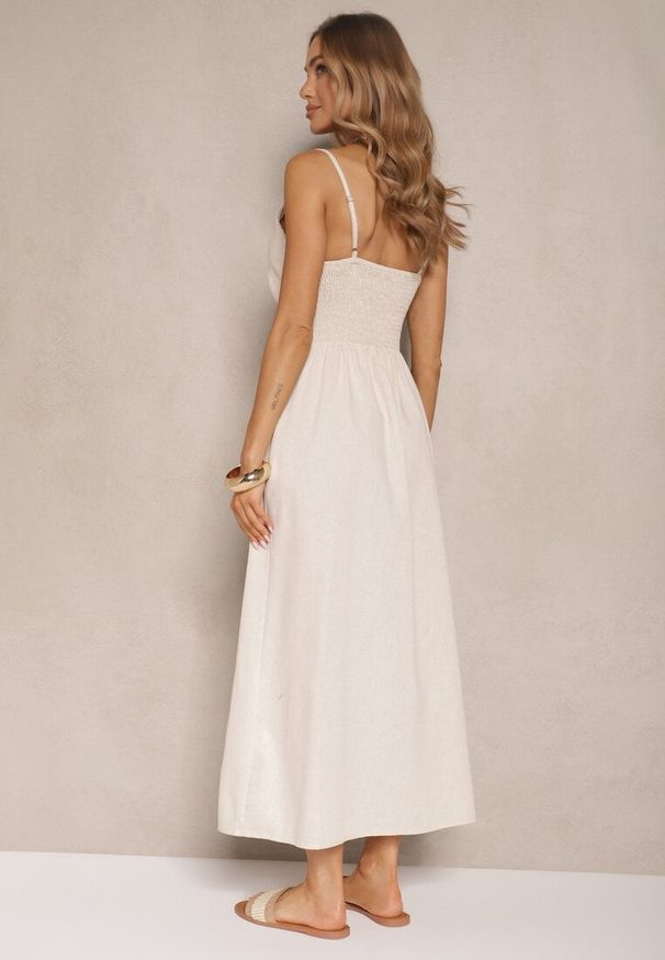 Renee - Jasnobeżowa Rozkloszowana Sukienka z Bawełny z Guzikami i Regulowanymi Ramiączkami Lorbia. Okazja: na co dzień. Typ kołnierza: dekolt w serek. Kolor: beżowy. Materiał: bawełna. Długość rękawa: na ramiączkach. Typ sukienki: rozkloszowane. Styl: casual