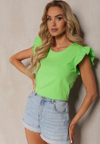 Renee - Jasnozielona Bawełniana Bluzka z Falbankami przy Ramionach Marissela. Okazja: na co dzień. Typ kołnierza: kołnierz z falbankami. Kolor: zielony. Materiał: bawełna. Styl: casual