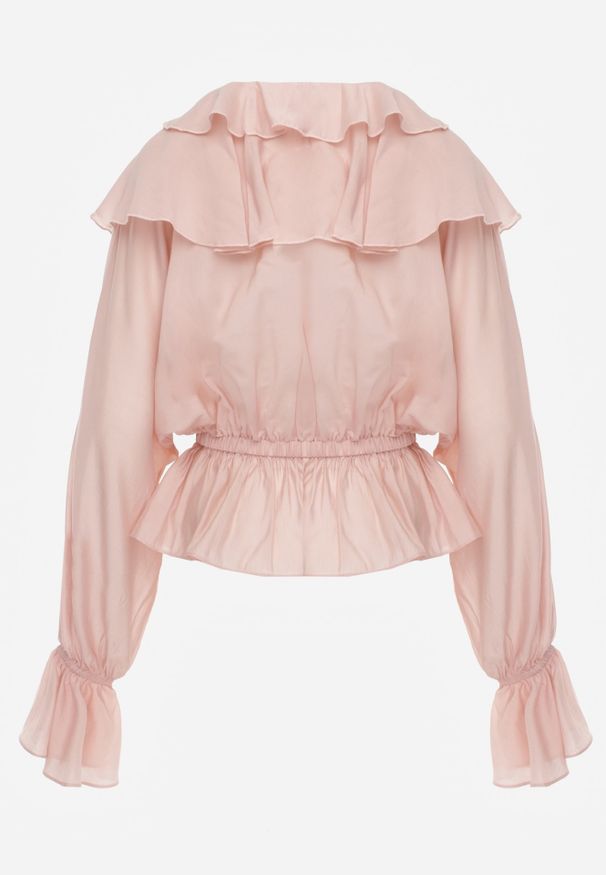 Renee - Różowa Bluzka w Typie Boho Ozdobiona Falbanami Sarlyss. Okazja: na co dzień. Typ kołnierza: dekolt w kształcie V. Kolor: różowy. Materiał: jeans. Długość rękawa: długi rękaw. Długość: długie. Wzór: aplikacja. Styl: boho