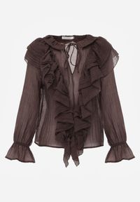 Born2be - Brązowa Bluzka z Lyocellem Ozdobiona Falbanami i Wiązaniem Esathra. Okazja: na co dzień. Kolor: brązowy. Materiał: jeans. Wzór: aplikacja. Styl: casual, elegancki #2