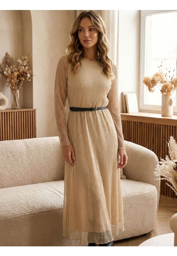 Sinsay - Elegancka sukienka szmizjerka z paskiem - złoty. Kolor: złoty. Typ sukienki: szmizjerki. Styl: elegancki