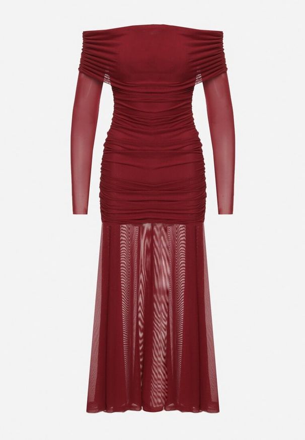 Born2be - Bordowa Taliowana Sukienka Typu Hiszpanka z Transparentnymi Wstawkami Halacia. Typ kołnierza: dekolt hiszpanka. Kolor: czerwony. Styl: elegancki