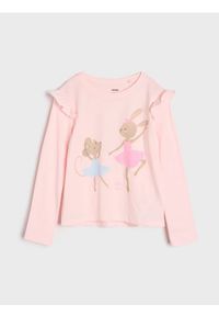 Sinsay - Bawełniana koszulka z nadrukiem i ozdobnymi falbanami - kremowy. Kolor: kremowy. Materiał: bawełna. Wzór: nadruk #1