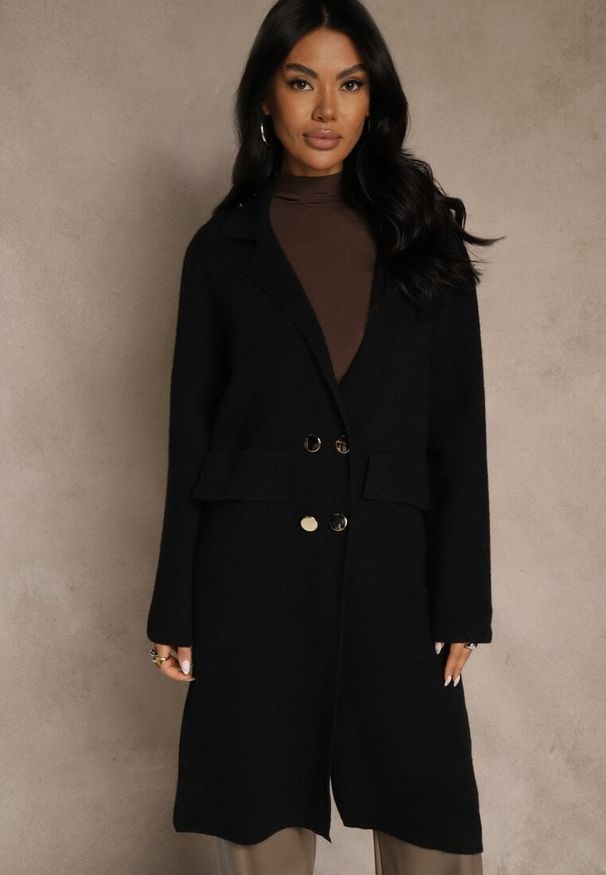 Renee - Czarny Płaszcz Dwurzędowy o Długim Kroju w Eleganckim Stylu Saratusa. Okazja: do pracy. Kolor: czarny. Materiał: jeans. Długość: długie. Styl: elegancki